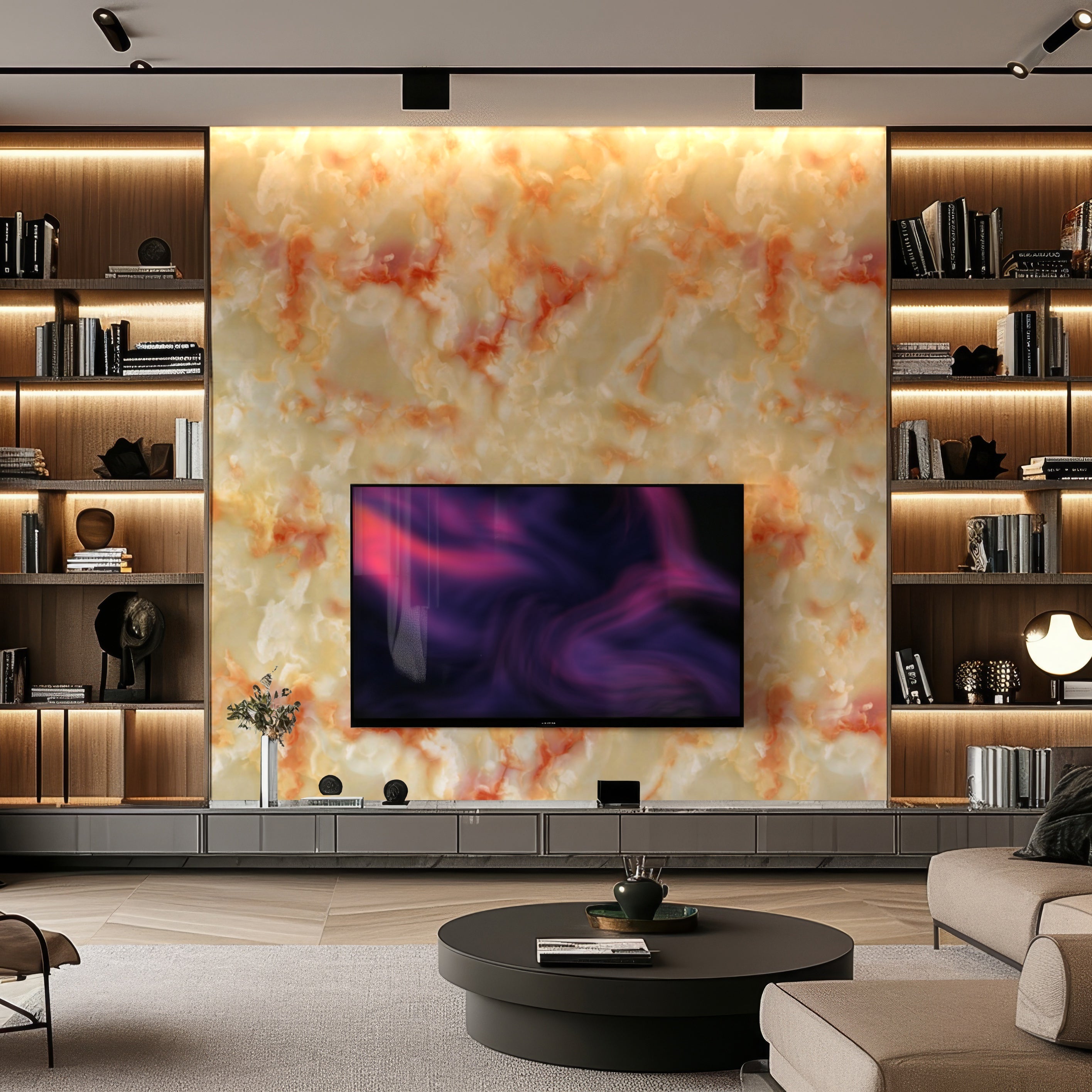 In a modern living room, the Aurora Copper Marble Durable PVC Wall by Landmark Decor adds luxurious aesthetics behind the flat-screen TV. Wooden shelves display decor items, while a round coffee table and couch rest on a patterned rug. Warm lighting creates a cozy ambiance, blending elegance and comfort.