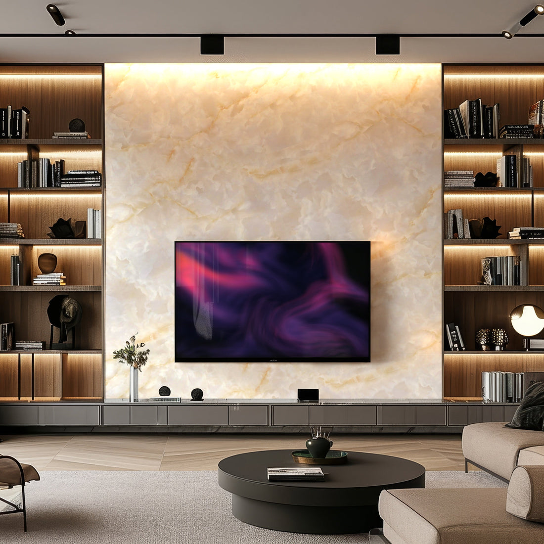 The modern living room showcases a wall-mounted TV on Landmark Decors Luxe Shine Marble Durable PVC Wall panels, highlighted by wooden shelves with books and decor. A round coffee table sits on a beige carpet, enriching the minimalist elegance in this contemporary setting.