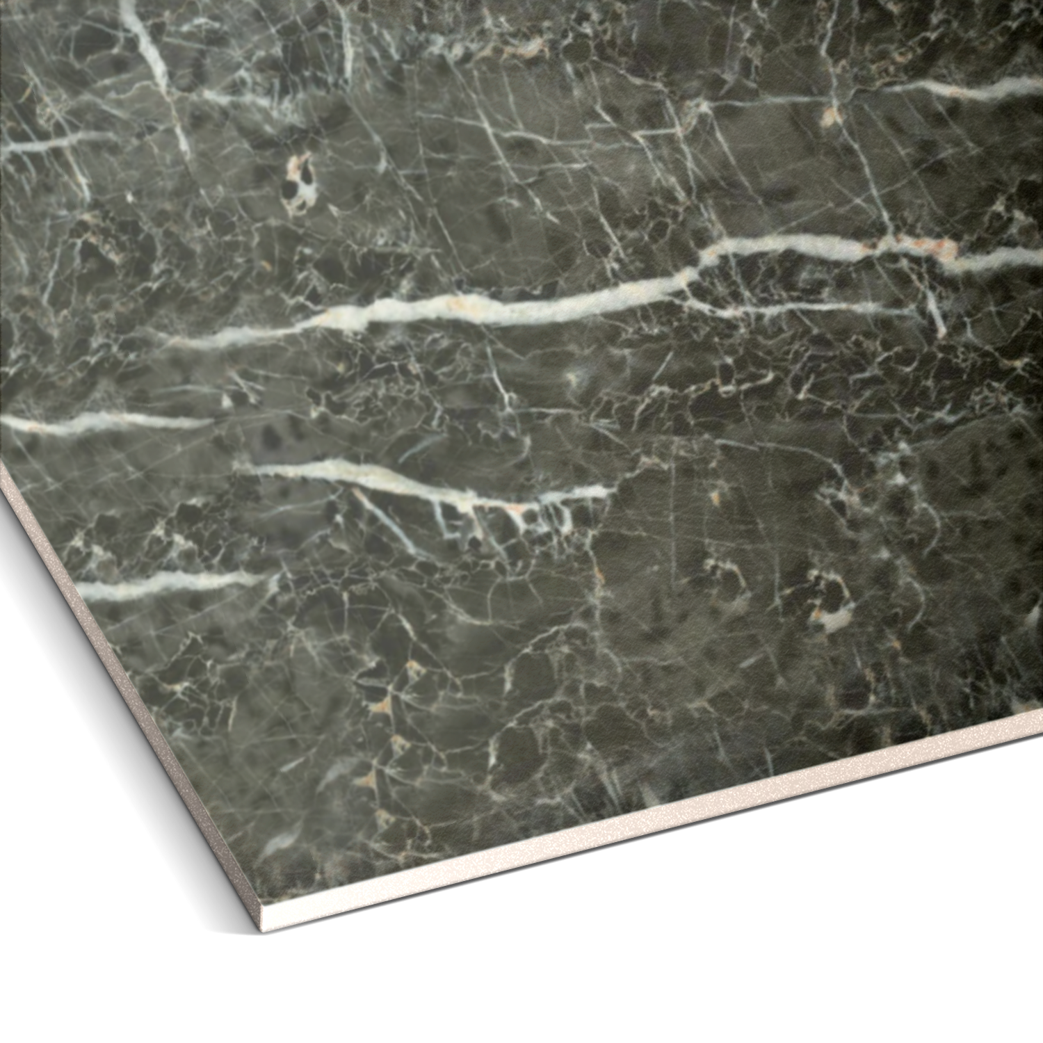Close-up of a polished dark marble slab with intricate white and gray veining, perfect for enhancing interiors. Effortlessly replicate this elegant look with Landmark Decors Midnight Contrast Marble Durable PVC Wall panels.