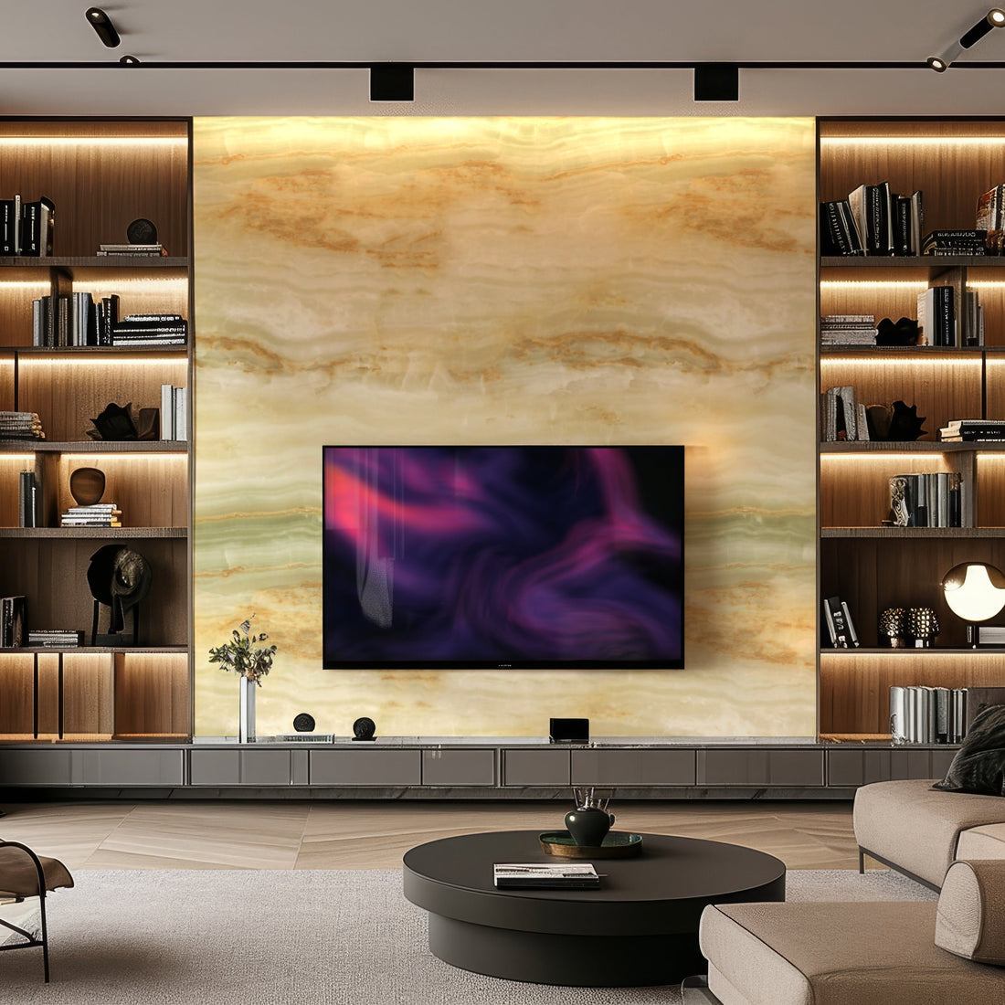 A modern living room features a large, mounted TV on Landmark Decors Opal Forest Marble Durable PVC Wall panels. Wooden shelves with books and decor flank the TV. A round coffee table with a flower vase sits on a plush carpet, while warm lighting enhances the cozy atmosphere.