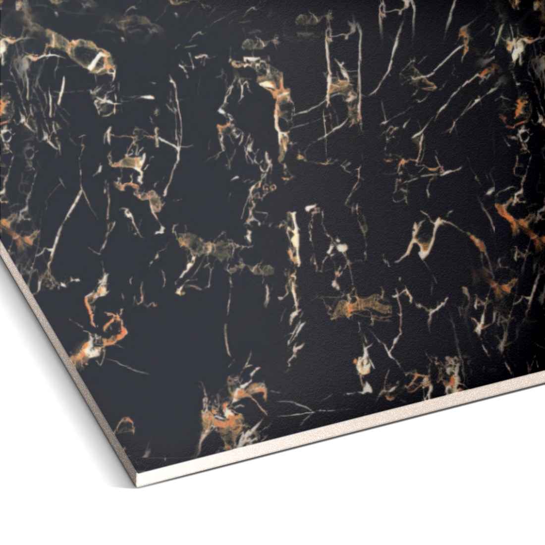 A close-up showcases the dark leather cover with a marbled pattern in white, orange, and brown, resembling the luxurious design of Landmark Decors Solar Eclipse Marble Durable PVC Wall. Edges reveal a textured look that echoes its high-end aesthetics.