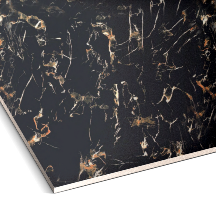 A close-up showcases the dark leather cover with a marbled pattern in white, orange, and brown, resembling the luxurious design of Landmark Decors Solar Eclipse Marble Durable PVC Wall. Edges reveal a textured look that echoes its high-end aesthetics.