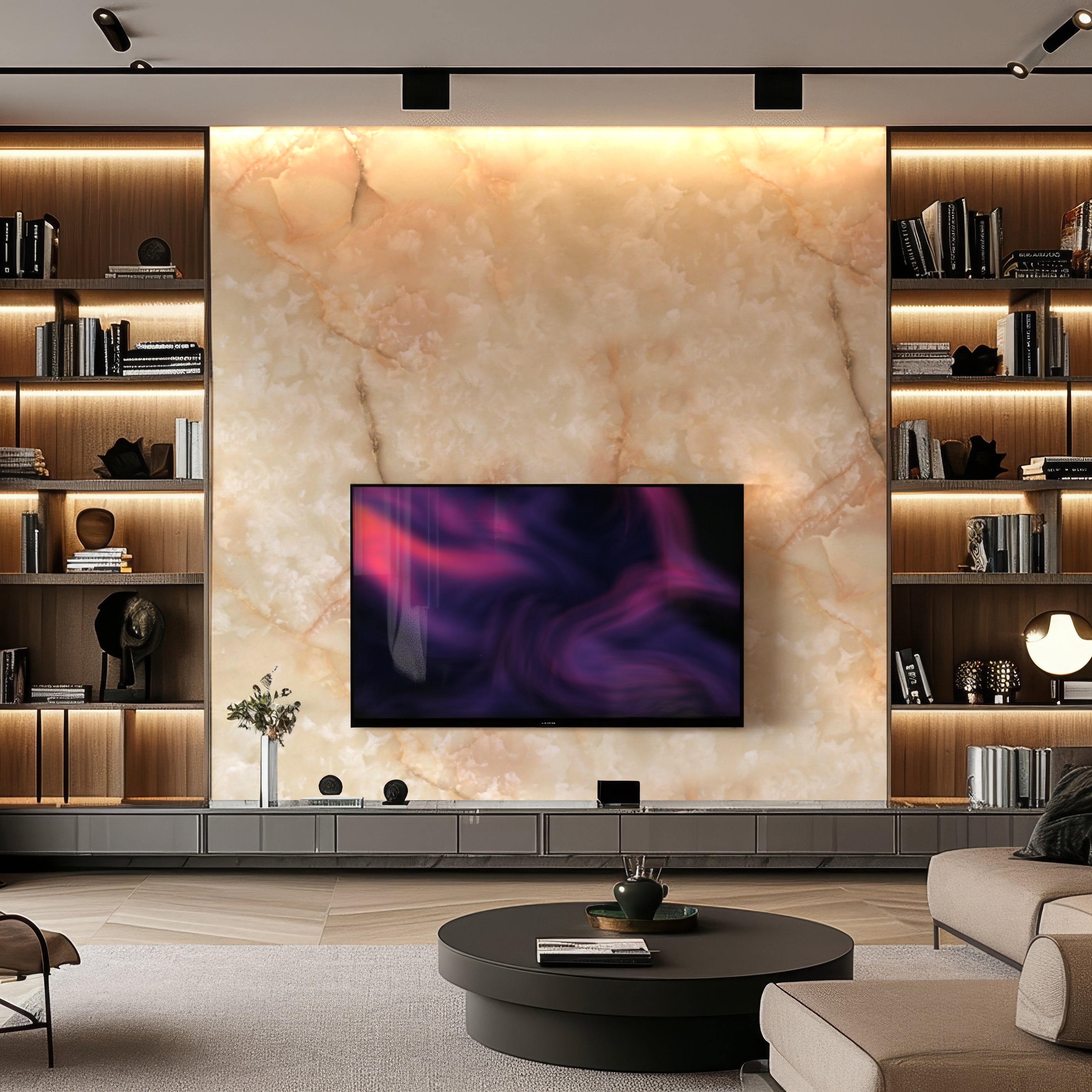 The modern living room features a sleek, mounted TV on a spacious Bronze Pearl Marble PVC wall by Landmark Decor. Wooden shelves with decor and books flank the area, exuding luxury. A round coffee table and cozy sofa complete the elegant setting.