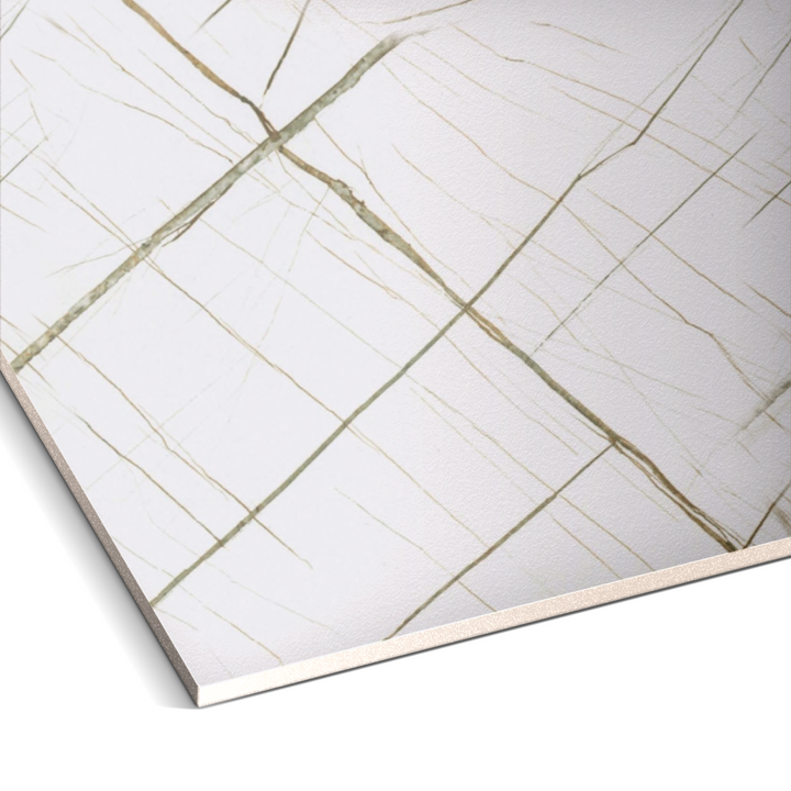 A close-up of the Imperial Glaze Marble Durable PVC Wall by Landmark Decor reveals its rectangular form, featuring fine greenish-brown veins and subtle grid lines. Its luxurious aesthetics are highlighted by its edges, showcasing a thick, smooth texture—ideal for those seeking enduring beauty.