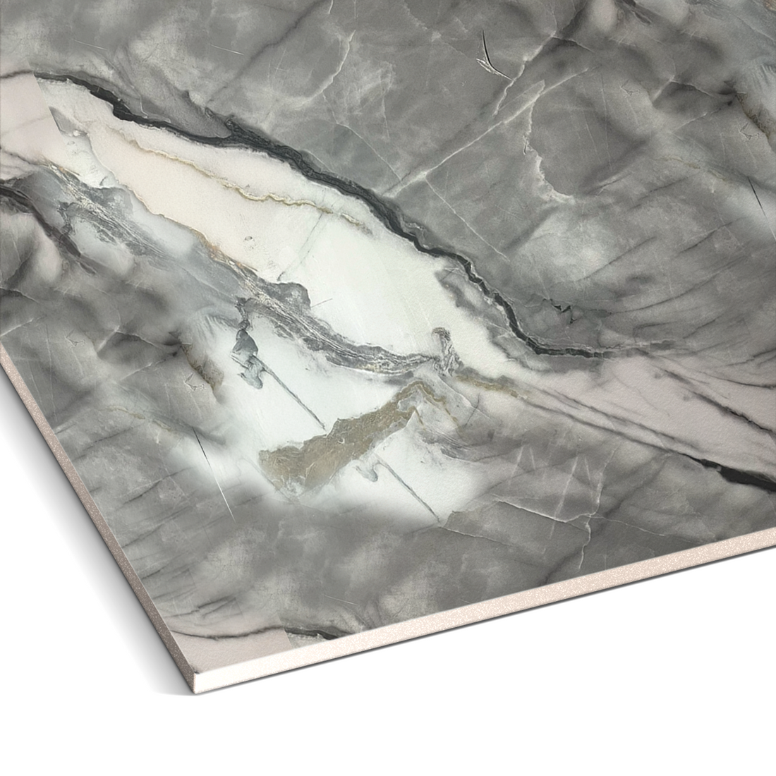The Landmark Decor Obsidian Vein Marble Durable PVC Wall features a polished marble design with gray, white, and beige veining. Its ideal for luxury interiors, offering a smooth surface and angular edges that create striking visual effects with organic lines for a durable wall solution.