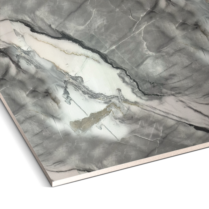 The Landmark Decor Obsidian Vein Marble Durable PVC Wall features a polished marble design with gray, white, and beige veining. Its ideal for luxury interiors, offering a smooth surface and angular edges that create striking visual effects with organic lines for a durable wall solution.