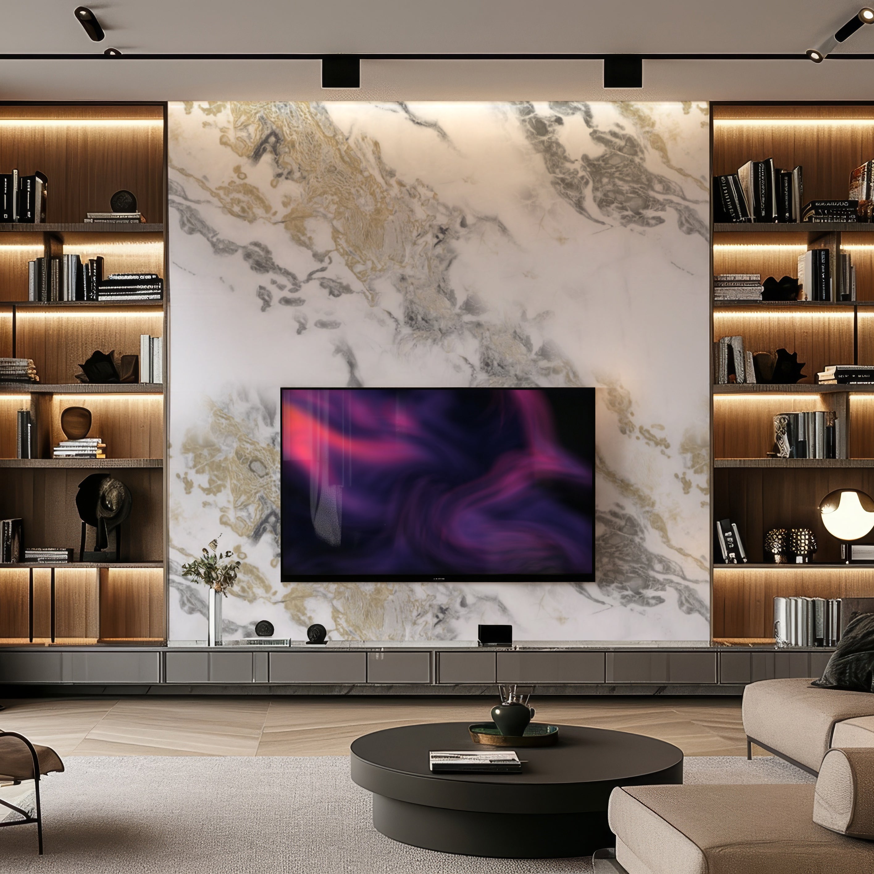 A modern living room with a luxurious touch features a large accent wall fitted with Landmark Decors Golden Elegance Marble Durable PVC Wall panels and a mounted TV. Wooden shelves with warm lighting flank the setup, while a round coffee table on a neutral rug enhances the cozy, upscale ambiance.