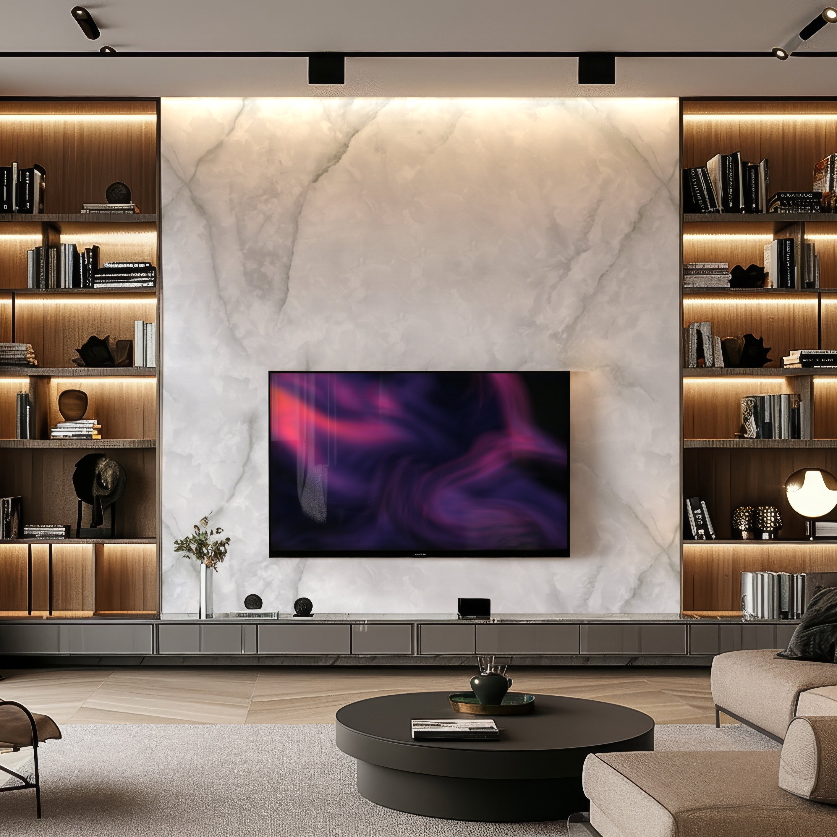 A stylish living room features a large Misty Stone Marble Durable PVC Wall by Landmark Decor with a wall-mounted TV displaying an abstract purple and pink design. Built-in wooden bookshelves surround the TV, while a round coffee table and sleek media console complete the thoughtful interior design.