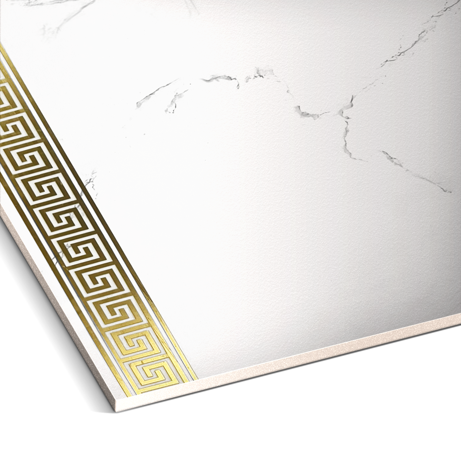 A close-up of Landmark Decors Golden Edge Marble Durable PVC Wall showcases luxurious aesthetics with a golden Greek key pattern and subtle cracks on the white marble, offering a classic and elegant touch with durability.