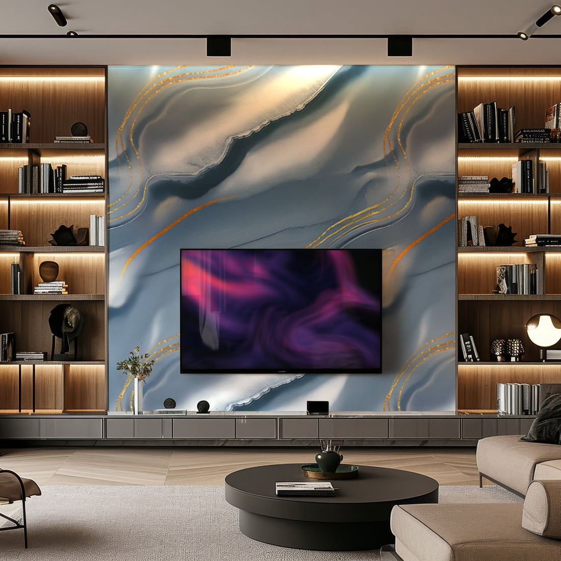 In a modern living room, the Azure Drift Marble Durable PVC Wall by Landmark Decor features a large abstract blue and gold mural. A flat-screen TV is mounted on it, surrounded by wooden shelves with books and decor, all centered around a round coffee table for a luxurious touch.