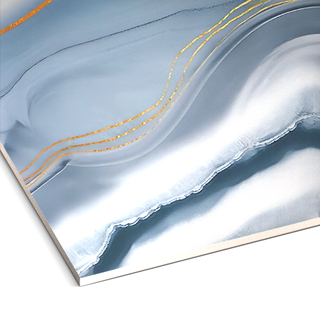 The Azure Drift Marble by Landmark Decor showcases abstract artwork with blue and white swirls and gold lines, creating a luxurious look similar to high-end PVC marble wall panels.