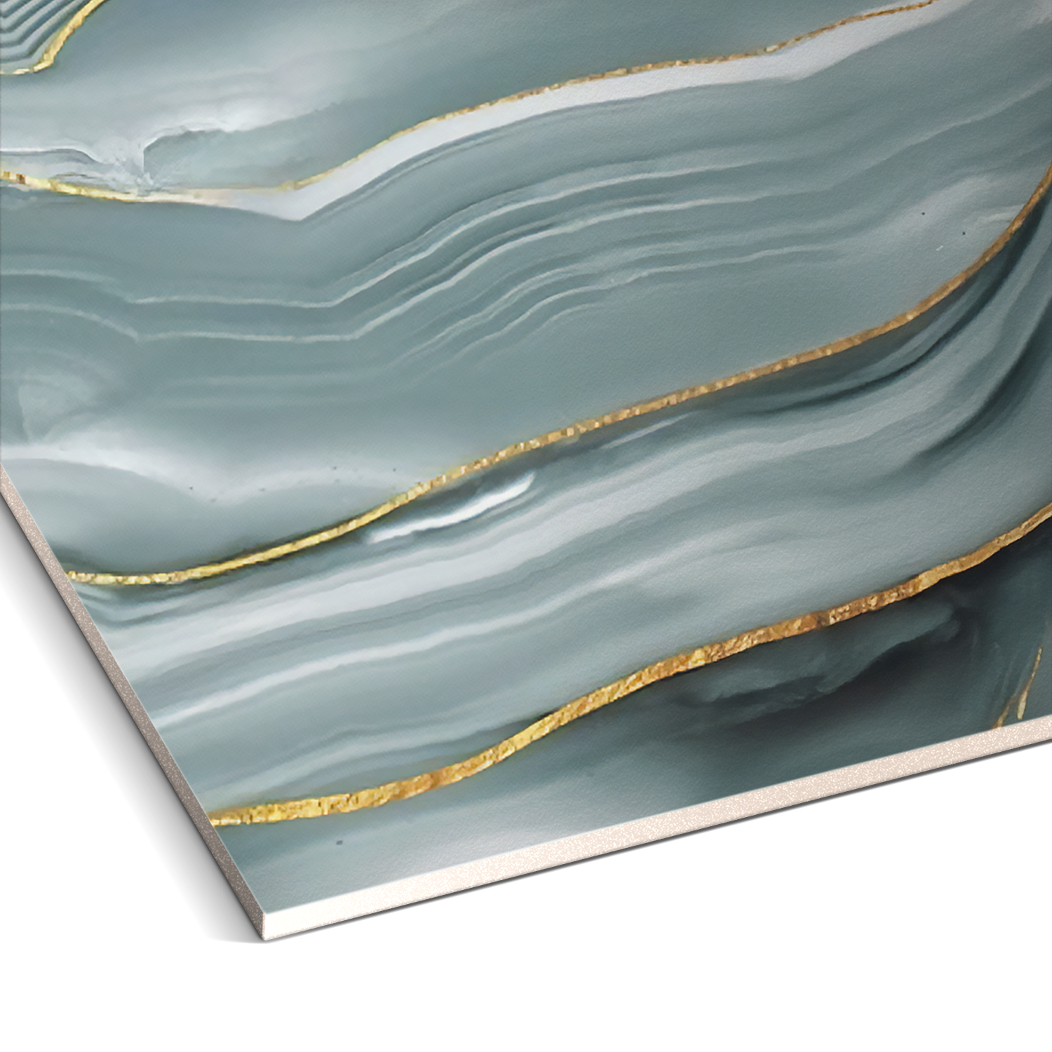 Featuring teal and white wavy patterns with gold accents, this abstract artwork harmonizes beautifully with the Serene Glacier Marble Durable PVC Wall by Landmark Decor, enhancing contemporary settings with a luxurious touch of sophistication.