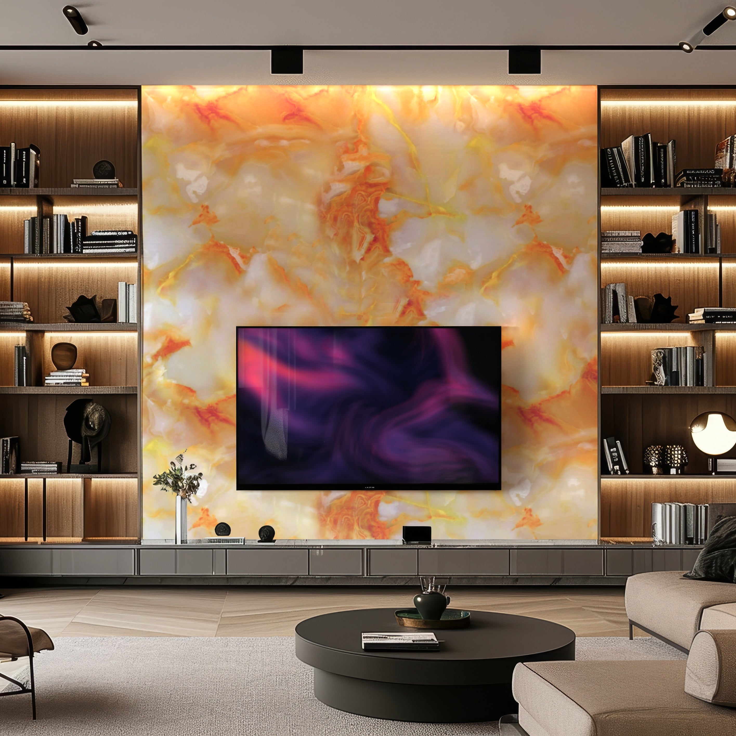 In a modern living room, a large TV is mounted on Landmark Decors Silver Frost Marble Durable PVC Wall panels, offering luxurious aesthetics. Wooden shelves with decor items, neutral-toned furniture, and soft lighting create a sophisticated yet cozy sanctuary.