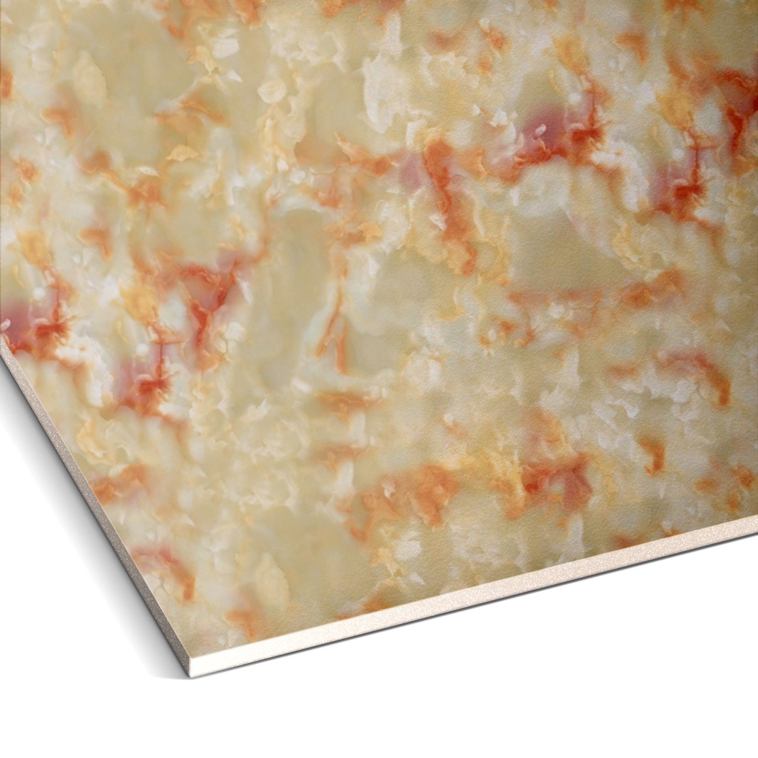 A close-up of the Aurora Copper Marble Durable PVC Wall by Landmark Decor shows a textured surface with cream, beige, and light orange shades. The pattern mimics natural stone for a soft, luxurious look.