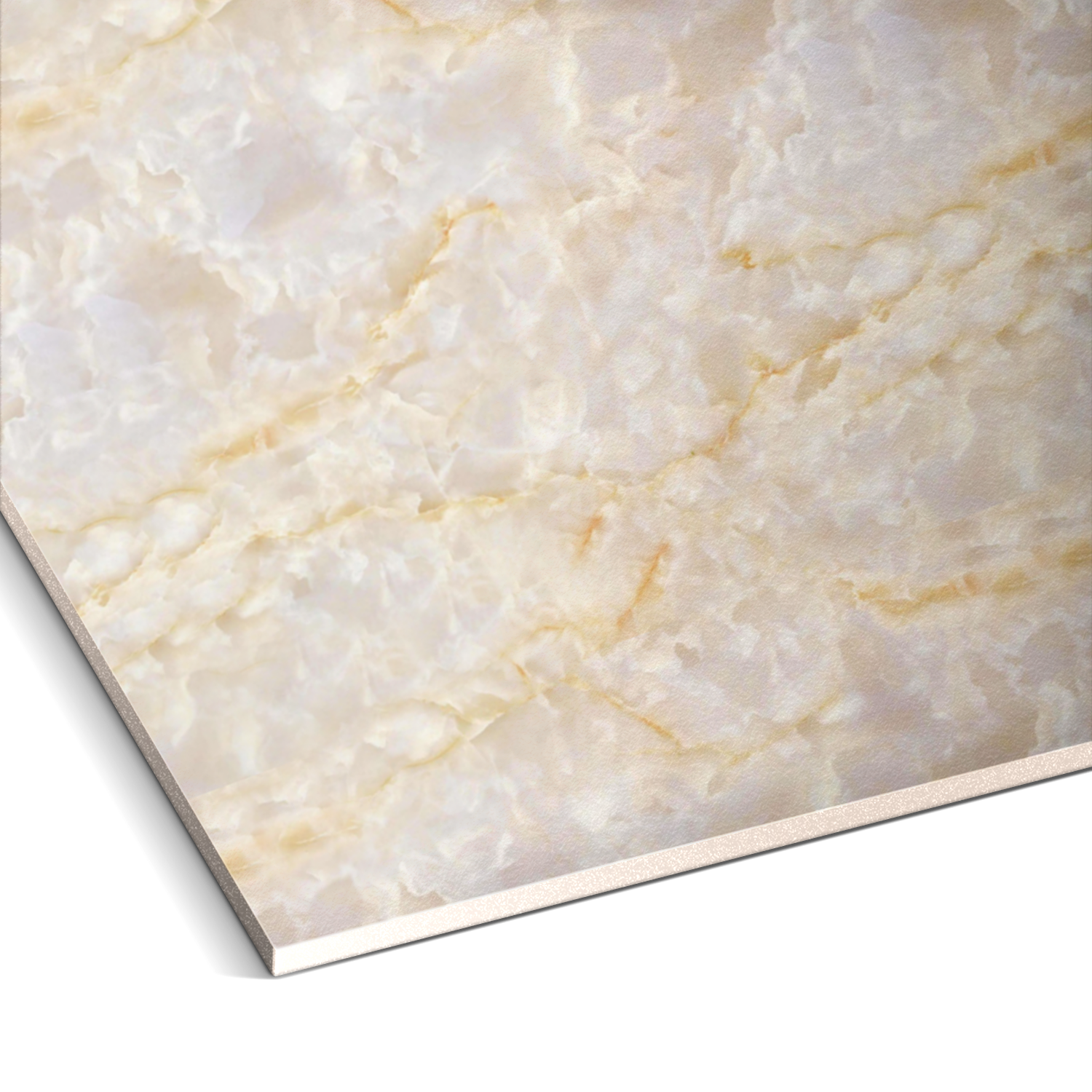 Close-up of Luxe Shine Marble Durable PVC Wall by Landmark Decor, featuring a textured pattern with light beige and white swirls. The image highlights the slabs thickness, ideal for contemporary settings with luxurious aesthetics.