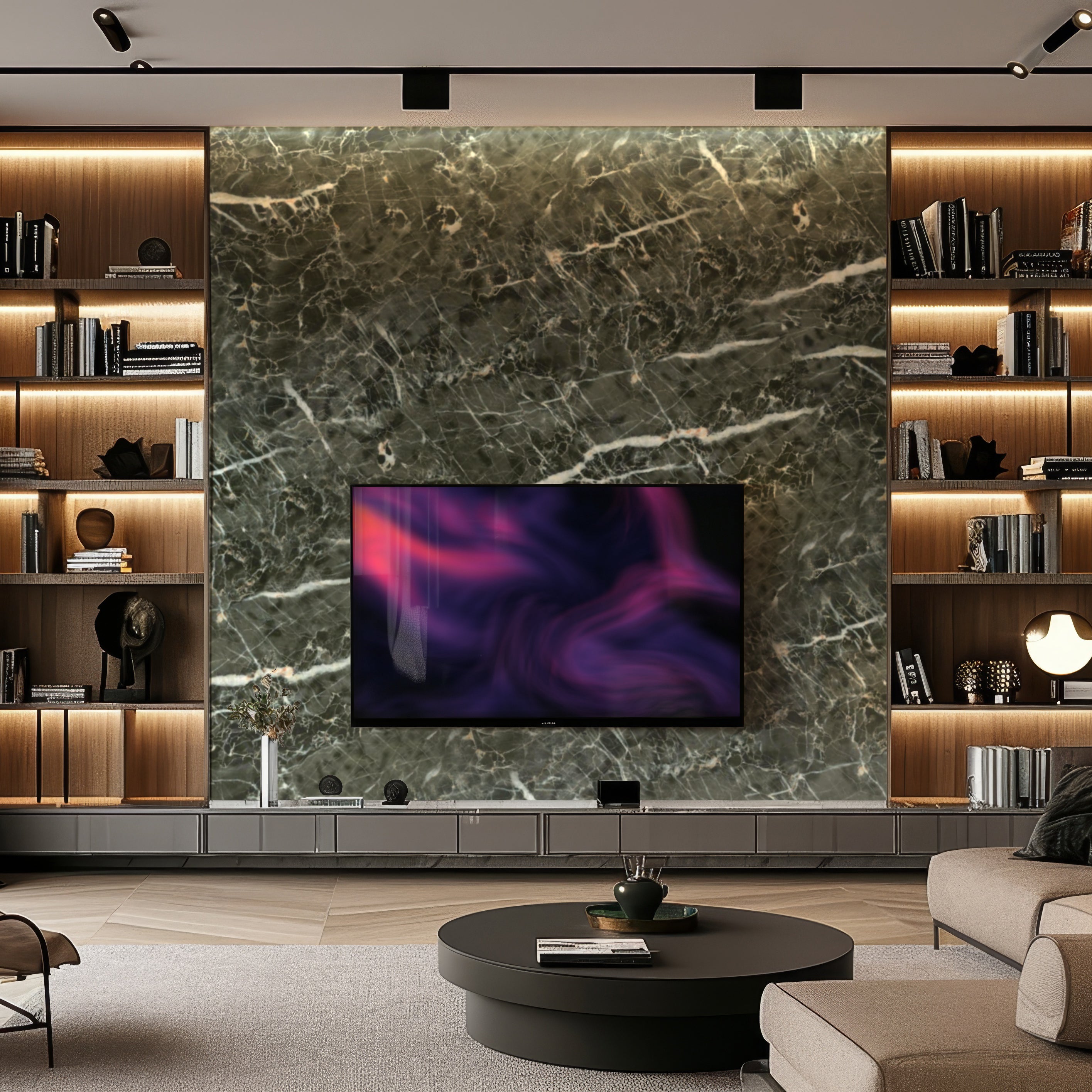 A contemporary living room features Landmark Decors Midnight Contrast Marble PVC wall panels with a mounted flat-screen TV. Built-in shelves hold books and decor, while a round black coffee table rests on a beige rug. Subtle lighting creates a cozy ambiance, enhancing the interior design.