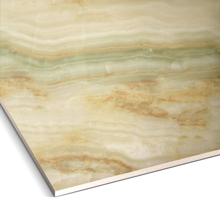 The Opal Forest Marble Durable PVC Wall by Landmark Decor features a close-up of natural, wavy patterns in beige, green, and brown. Its glossy surface accentuates layered textures and earthy tones for a luxurious look.