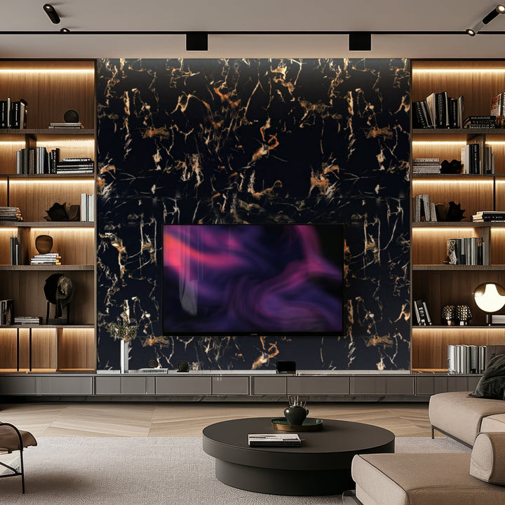 A modern living room showcases Landmark Decors Solar Eclipse Marble Durable PVC Wall behind a wall-mounted TV. Flanked by wooden shelves with books and decor, it features a round coffee table on a light wood floor, creating a stylish and cozy ambiance.