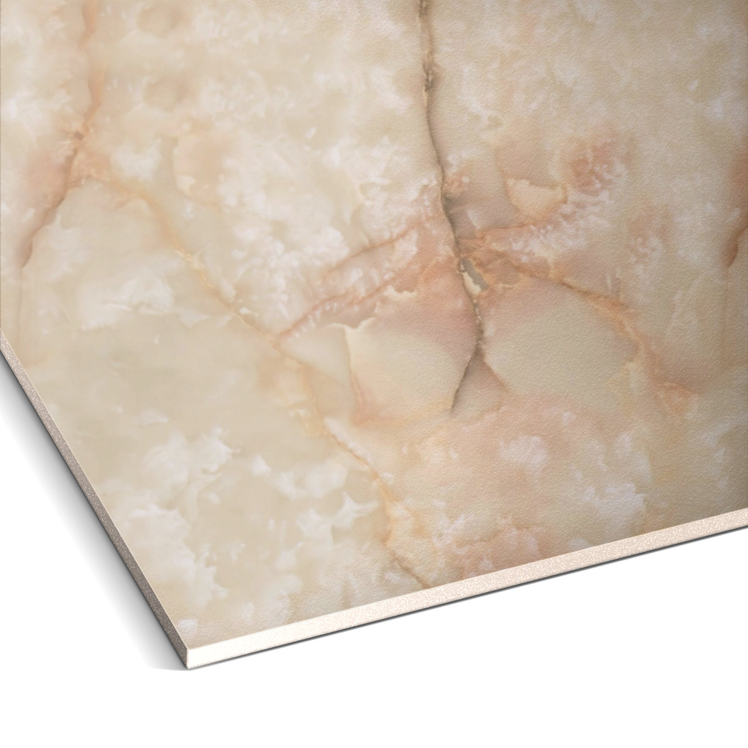 The Bronze Pearl Marble Durable PVC Wall by Landmark Decor features a light beige marble texture with soft pink and brown veins, intricate patterns on a slightly glossy surface, and a thin white border underneath for a luxurious touch in contemporary settings.