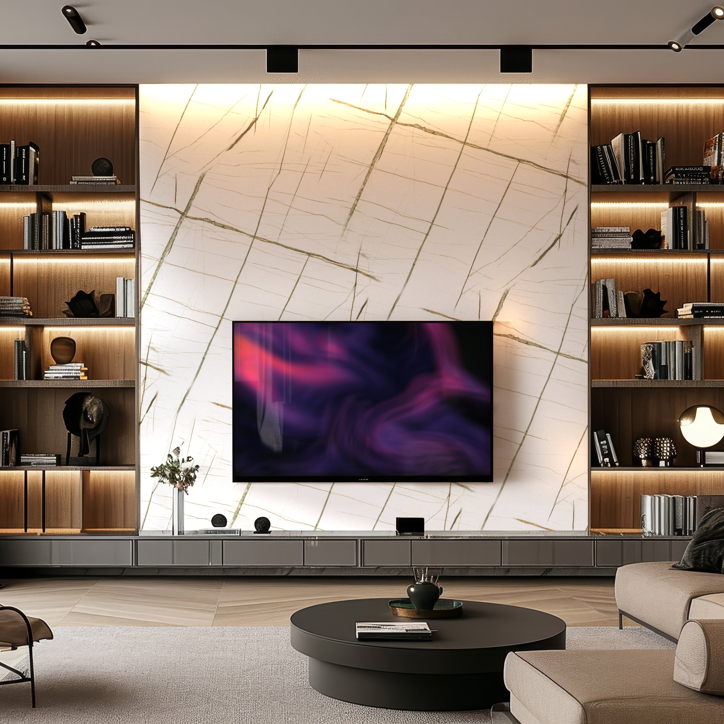 A modern living room exuding luxury features Landmark Decors Imperial Glaze Marble Durable PVC Wall panels behind a large TV. Black shelves on the sides showcase books and decor, while a round coffee table and a cozy armchair complete the elegantly lit space.