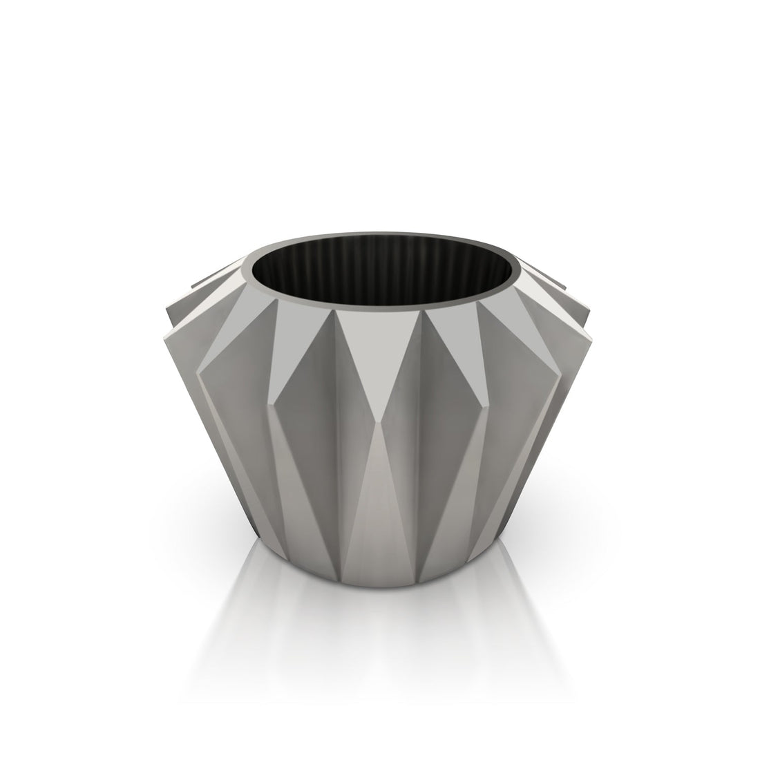 The Diamanta Elegant Planter by Landmark Decor features a geometric gray design with a faceted exterior and circular opening, adding luxury and nature to any space. Displayed on a white background, it captures the essence of handmade elegance.