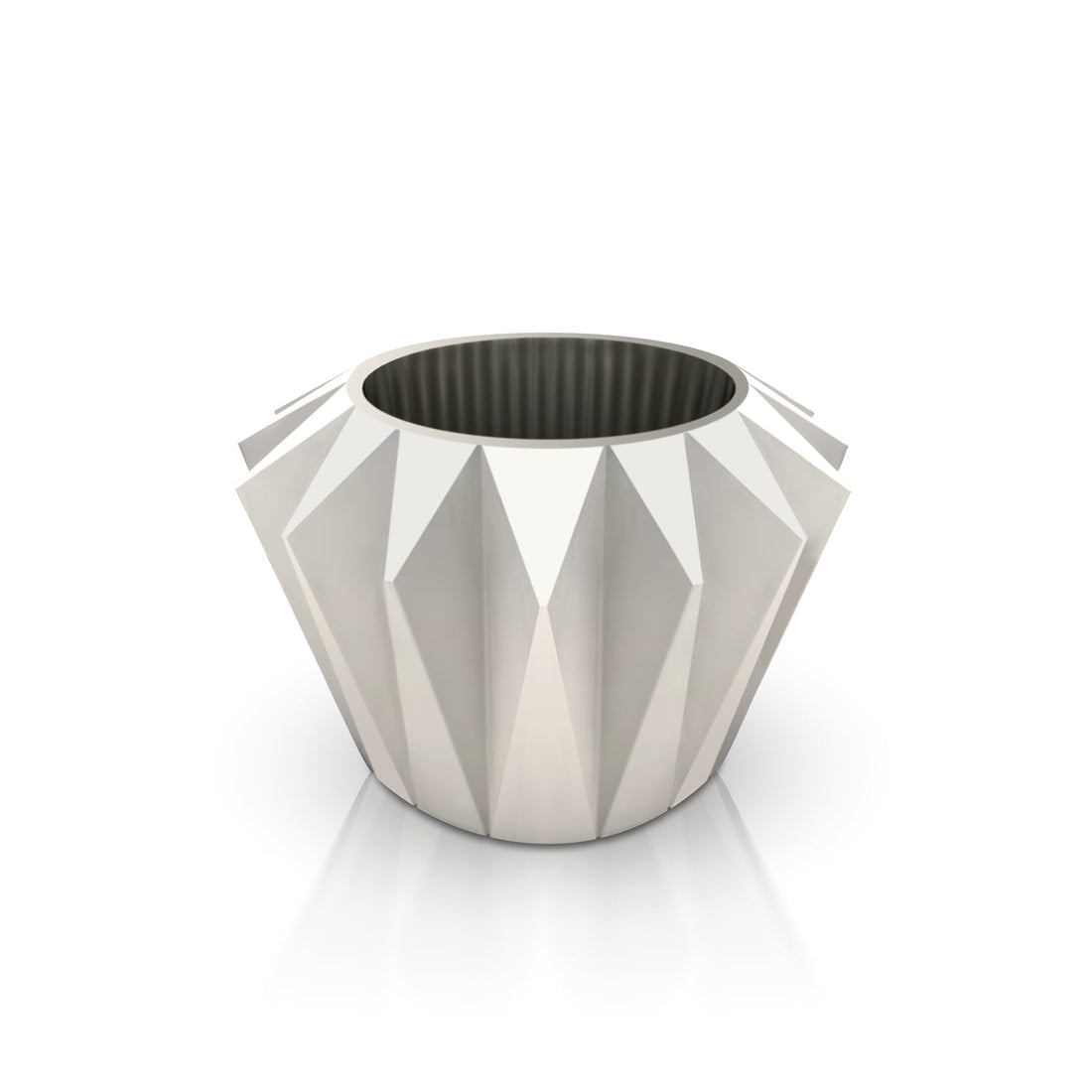 The Diamanta Elegant Planter by Landmark Decor is a handmade geometric white planter with a faceted exterior and smooth, dark interior. Viewed from above on a white background, it marries nature with artistry, ideal for showcasing custom indoor trees.