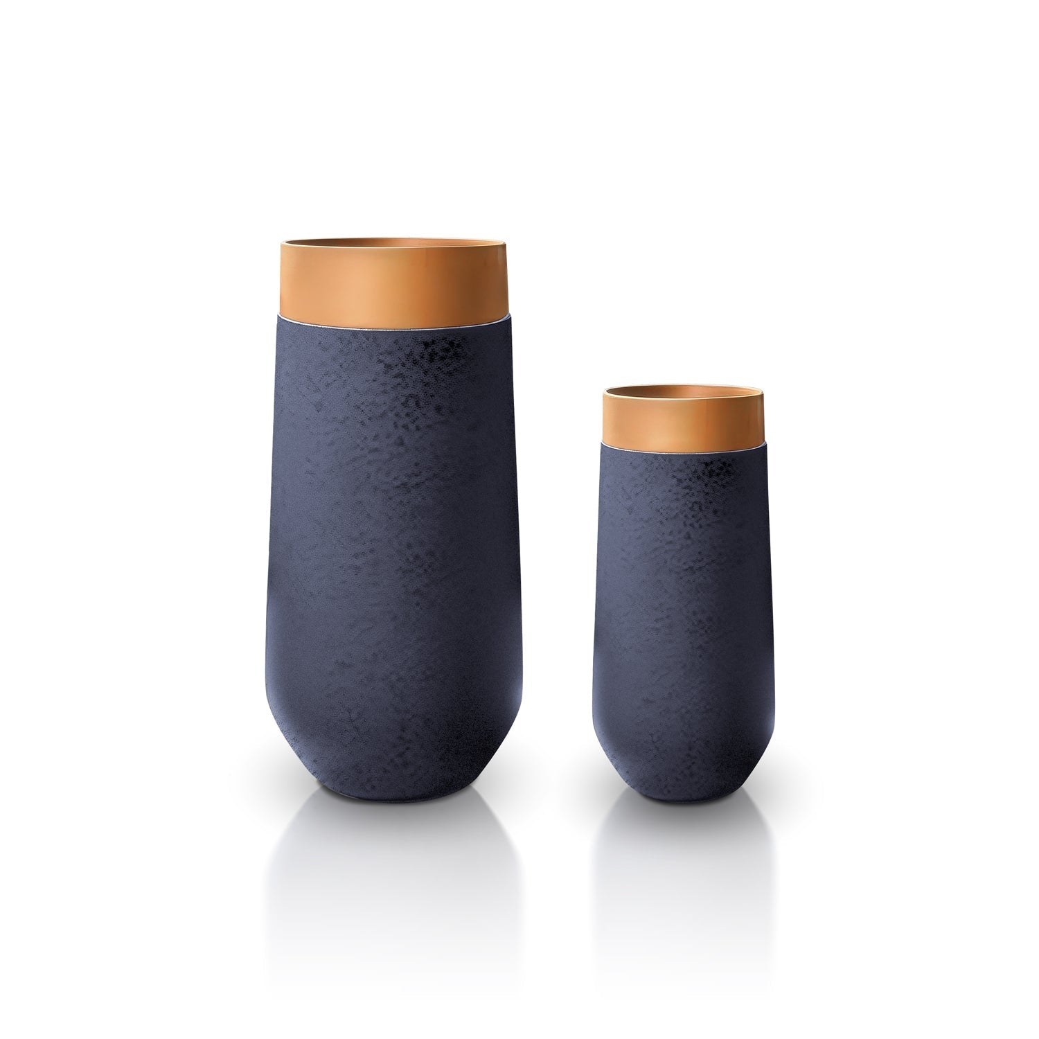 The Mare e Terra Elegant Planter Full Set by Landmark Decor features two modern vases of varying heights, a textured dark gray base with sleek copper tops, akin to handmade planters. A plain white backdrop accentuates their luxury sanctuary vibe.