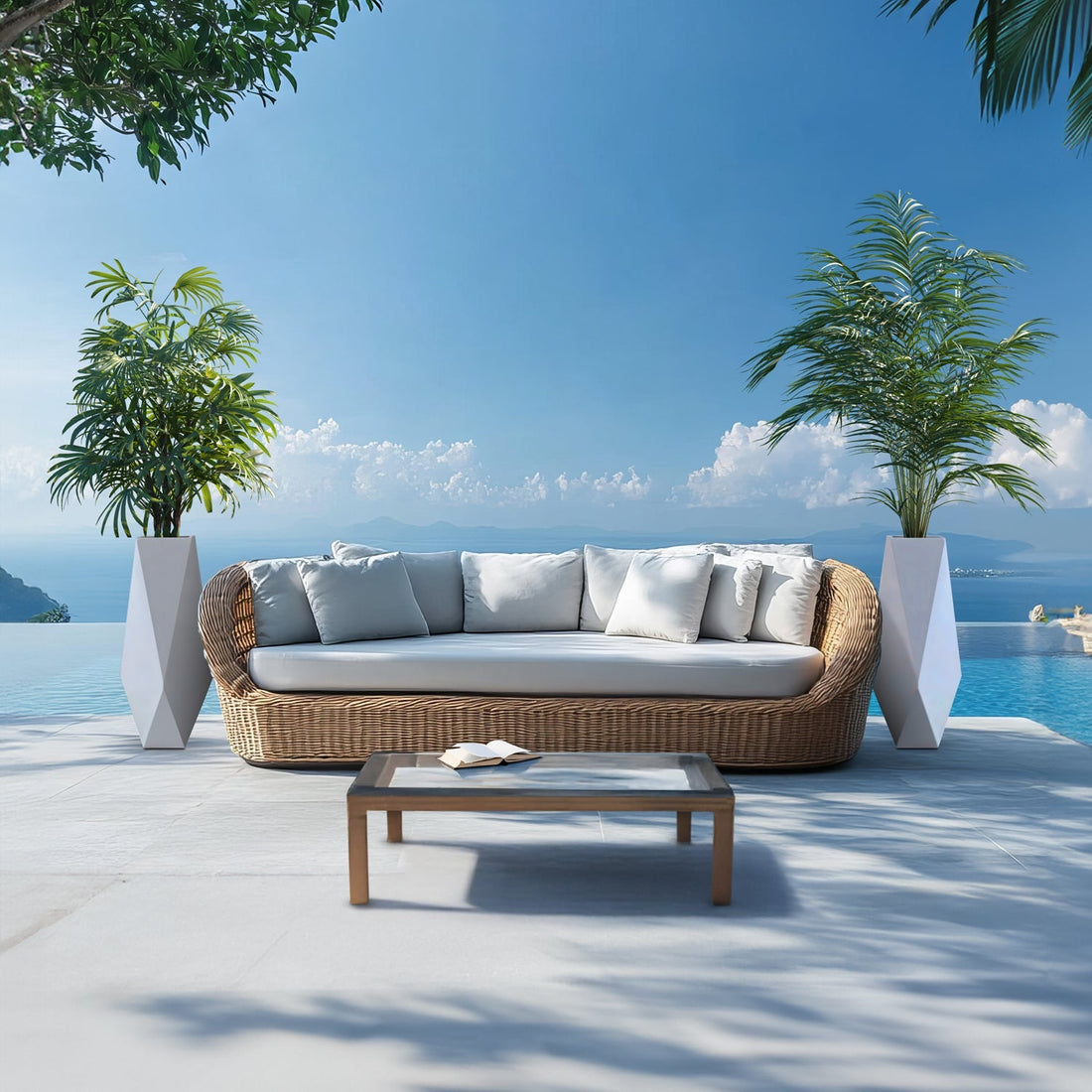 An outdoor patio with a wicker sofa featuring white cushions overlooks a serene ocean view. Two tall potted plants in Ombre Intrecciate Planters by Landmark Decor flank the sofa, with a glass coffee table in front, all set against a clear blue sky and scattered clouds.