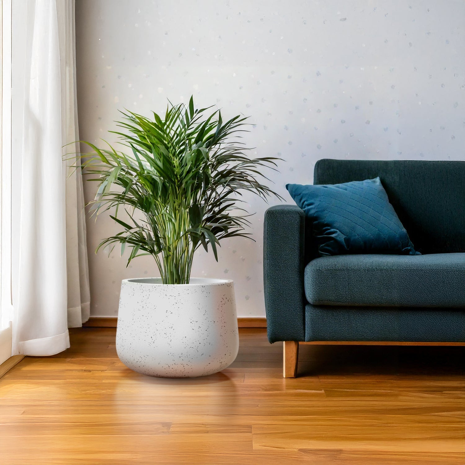 The Aura di Pietra Planter - Large by Landmark Decor holds a lush green plant, resting on a wooden floor near a dark teal sofa with matching cushions. Sunlight filters through sheer white curtains, creating a serene interior where luxury and nature harmoniously coexist.
