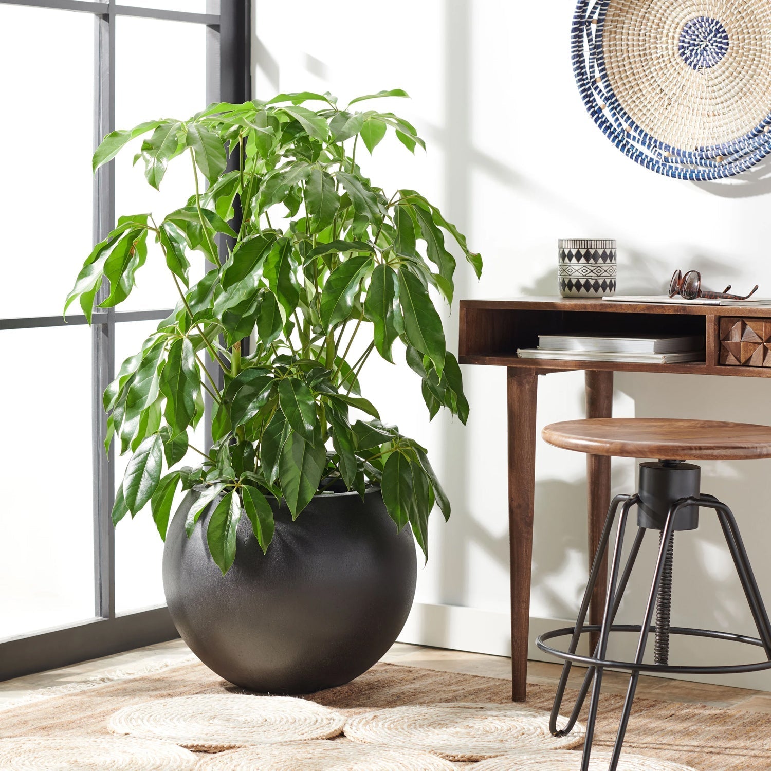 An Urban Vessel Planter by Landmark Decor, with a lush green plant, sits near the bright window. Beside it stands a wooden desk with a woven basket and stool. A circular wall hanging completes the cozy sunlit room.