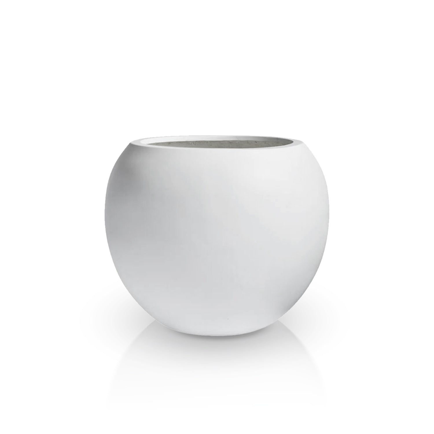 The Urban Vessel Planter by Landmark Decor, a smooth, round, white ceramic pot with a slightly glossy finish and wide opening, graces a plain white background while casting a faint shadow beneath it.