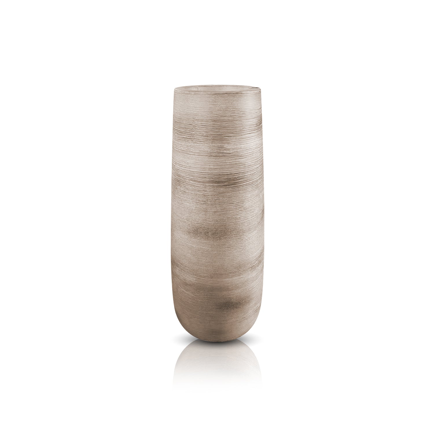 The Artisan Luxe Planter - Large by Landmark Decor is a tall, cylindrical, textured beige vase with a shiny base against a white background. Handmade with horizontal ridges, it exudes luxury and nature.