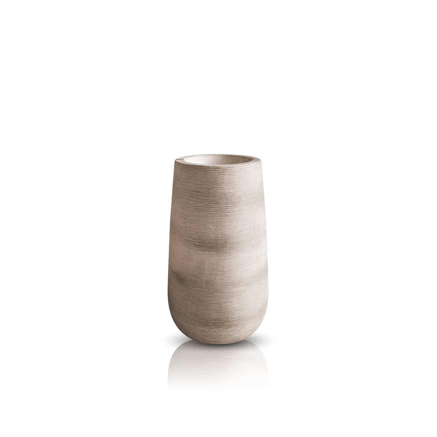 The Artisan Luxe Planter - Medium by Landmark Decor, a tall beige cylindrical ceramic vase with a textured finish, sits elegantly on a white background. This handmade piece seamlessly marries luxury and nature in any living space.