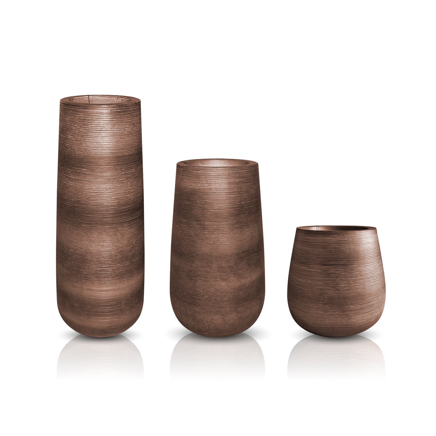 The Landmark Decor Artisan Luxe Planter - Full Set features three textured brown ceramic vases of varying heights arranged in a row against a white background. Their cylindrical shapes taper slightly at the top, casting faint reflections and bringing a luxurious, handmade touch of nature indoors.