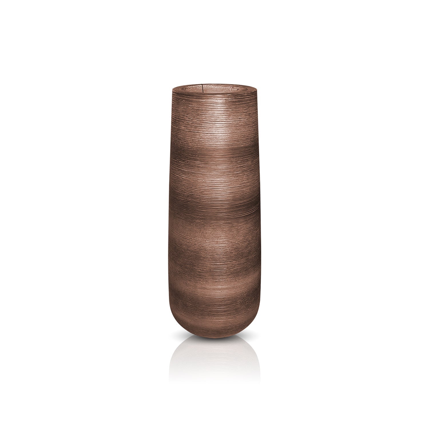 The Artisan Luxe Planter - Large by Landmark Decor is a handmade, tall brown cylindrical vase with a textured surface. Its slightly curved shape and subtle horizontal line pattern reflect light beautifully, blending luxury and nature seamlessly against a white backdrop.