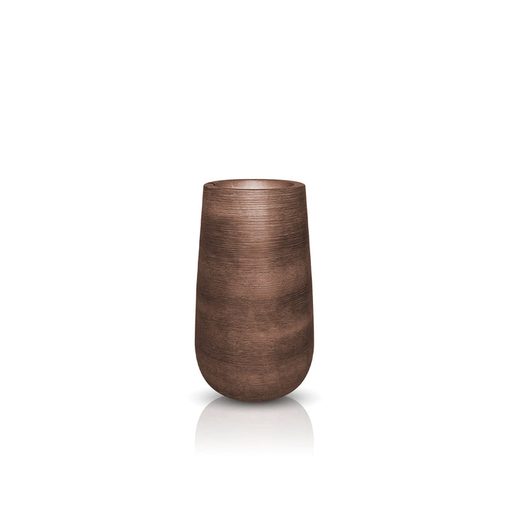 The Artisan Luxe Planter - Medium by Landmark Decor is an elegant, tall, sleek brown vase with a textured surface, displayed upright against a white background. Its design, featuring a rounded base narrowing slightly toward the top, exudes luxury and the essence of handmade craftsmanship.