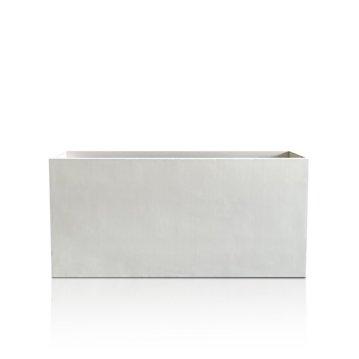 The Landmark Decor Minimalist Oasis Planter - Large is a rectangular, smooth white planter box with exquisite craftsmanship. Set in a well-lit environment on a reflective floor, its the epitome of luxury planters.