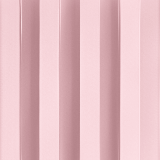 The Landmark Decor Pink WPC Fluted Slat Wall Panel creates a uniform, textured pattern reminiscent of elegant cladding. With evenly spaced, identically shaped panels in a soft pastel pink hue, it imparts a structured appearance to the image.
