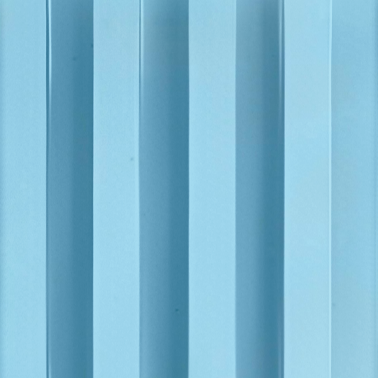 The Sky Blue WPC Fluted Slat Wall Panel by Landmark Decor showcases clean lines and a soft light blue hue, resembling sleek wall cladding. The image highlights their texture and color, ideal for enhancing acoustical spaces with a modern touch.