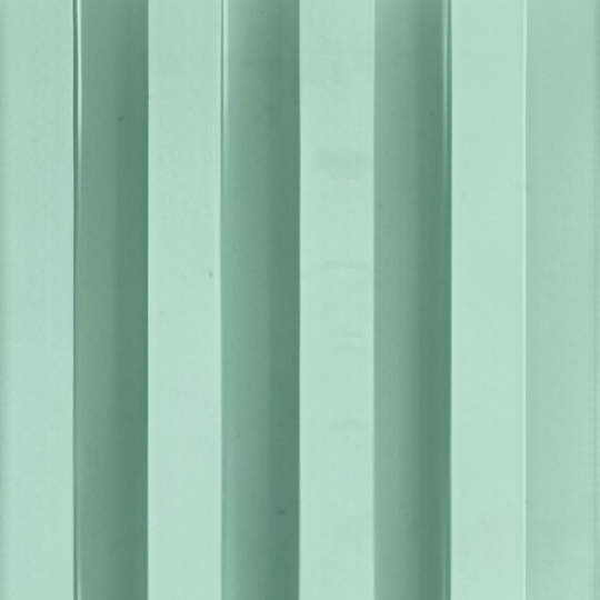 The Mint Green WPC Fluted Slat Wall Panel by Landmark Decor features evenly spaced vertical pastel green stripes, ideal for accent walls and offering a repetitive textured look.