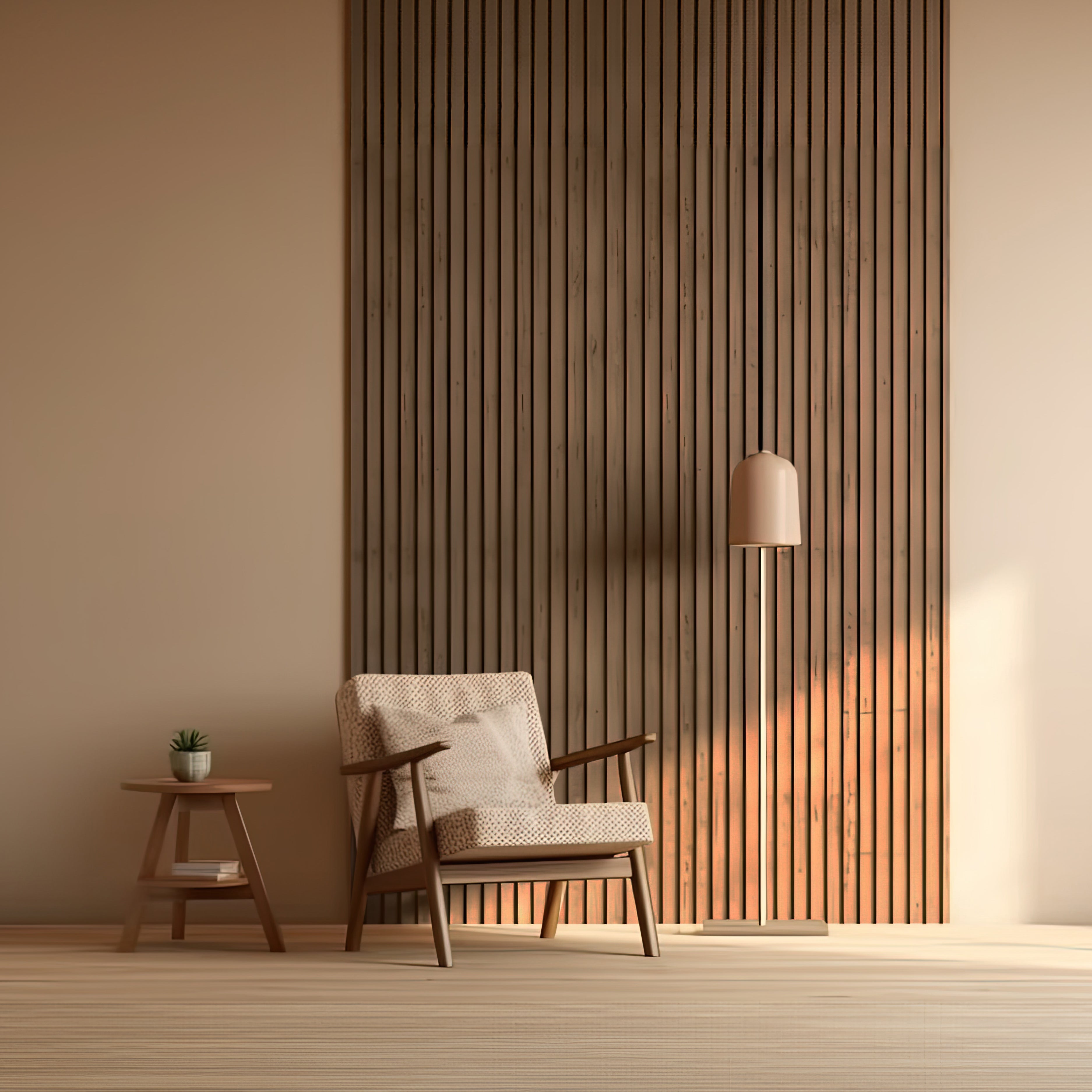 A cozy room features a modern armchair and small side table with a potted plant. A sleek floor lamp is beside the chair, set against a Landmark Decor Dark Walnut Wood Texture WPC Fluted Slat Wall Panel, allowing sunlight to cast soft shadows across the scene.