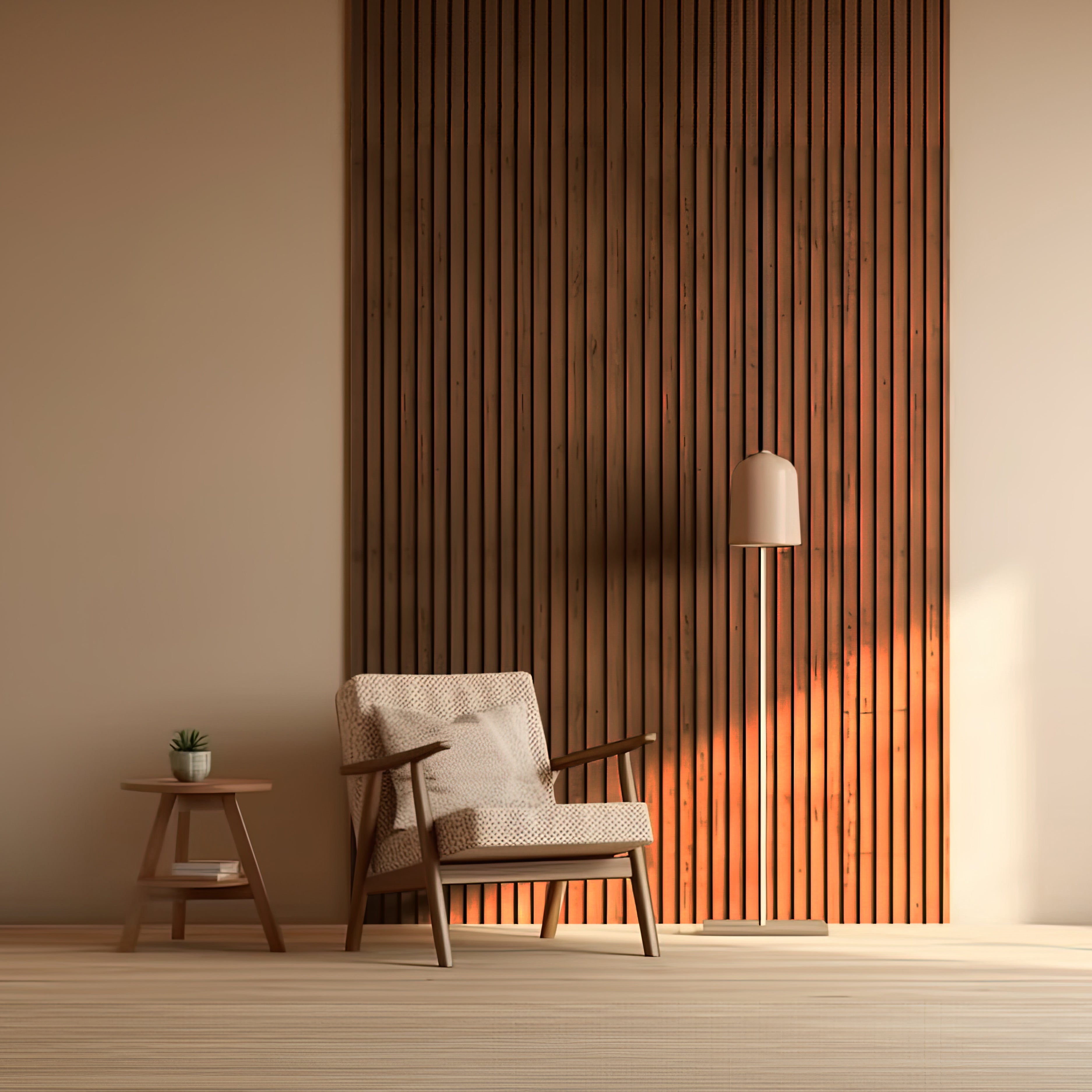 A cozy armchair with a textured cushion sits beside a wooden side table holding a tiny potted plant. A tall floor lamp stands next to an accent wall of Landmark Decors Red-Brown Fir Wood Texture WPC Fluted Slat Wall Panel, all bathed in soft, natural light.