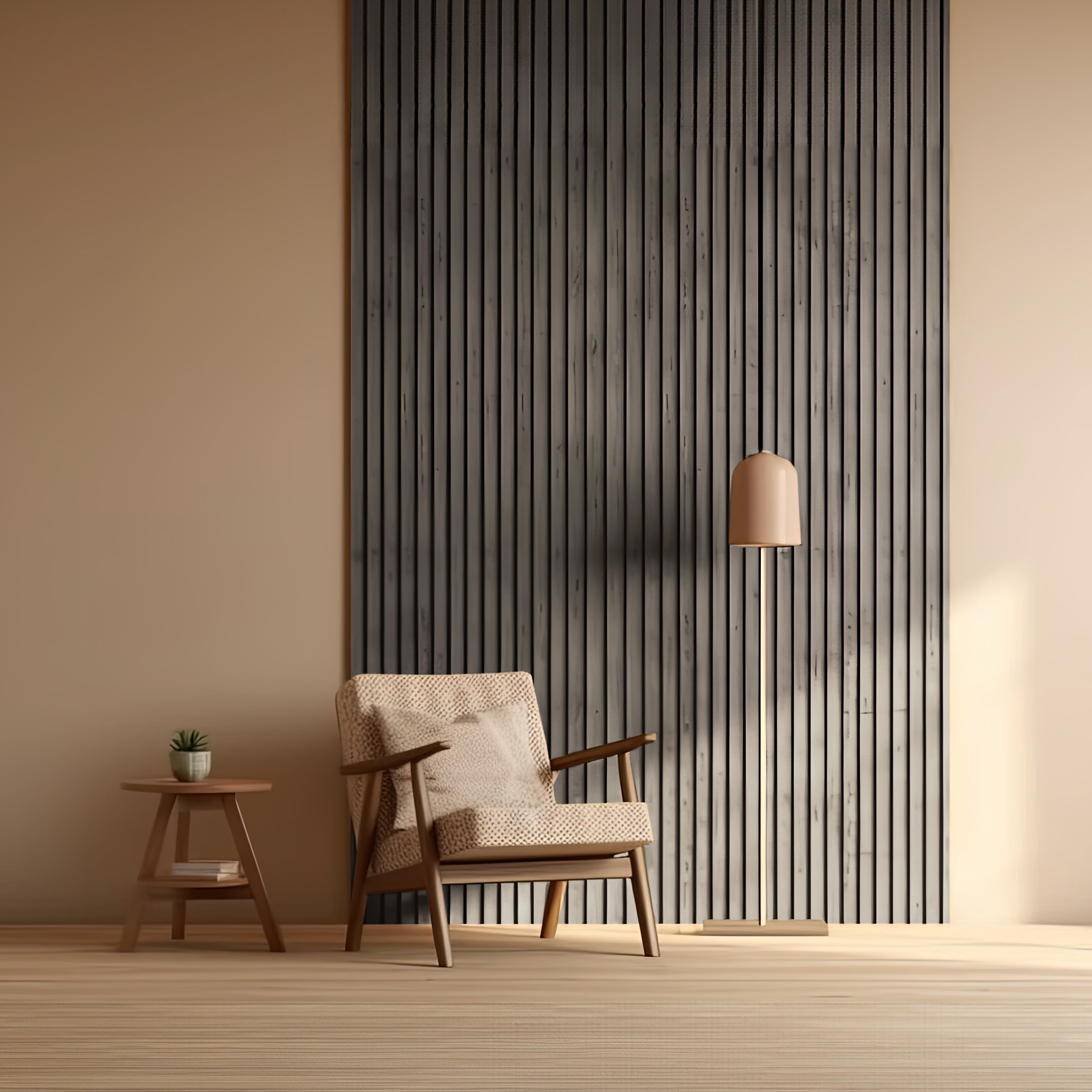 A minimalist room features a beige armchair beside a small wooden table with a potted plant. Nearby, a tall floor lamp stands next to an accent wall adorned with Landmark Decors Walnut Texture WPC Fluted Slat Wall Panel in dark gray. Soft sunlight streams in from the side.