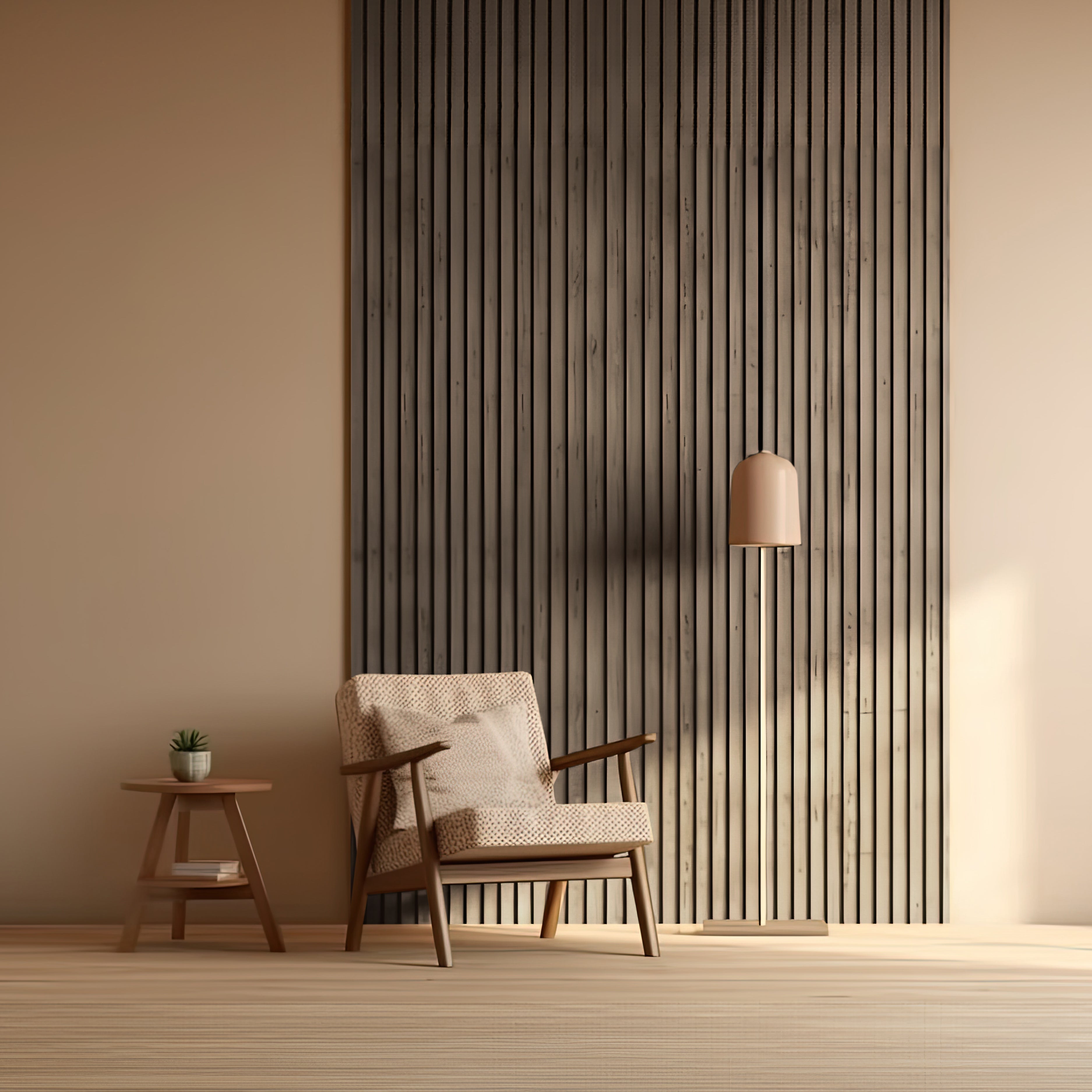 In a minimalist room, a beige armchair and small wooden side table with a potted plant sit under a pendant lamp. The background has Landmark Decors Cassia Wood Texture WPC Fluted Slat Wall Panels, featuring vertically striped panels on a light-colored wall with sunlight casting soft shadows.