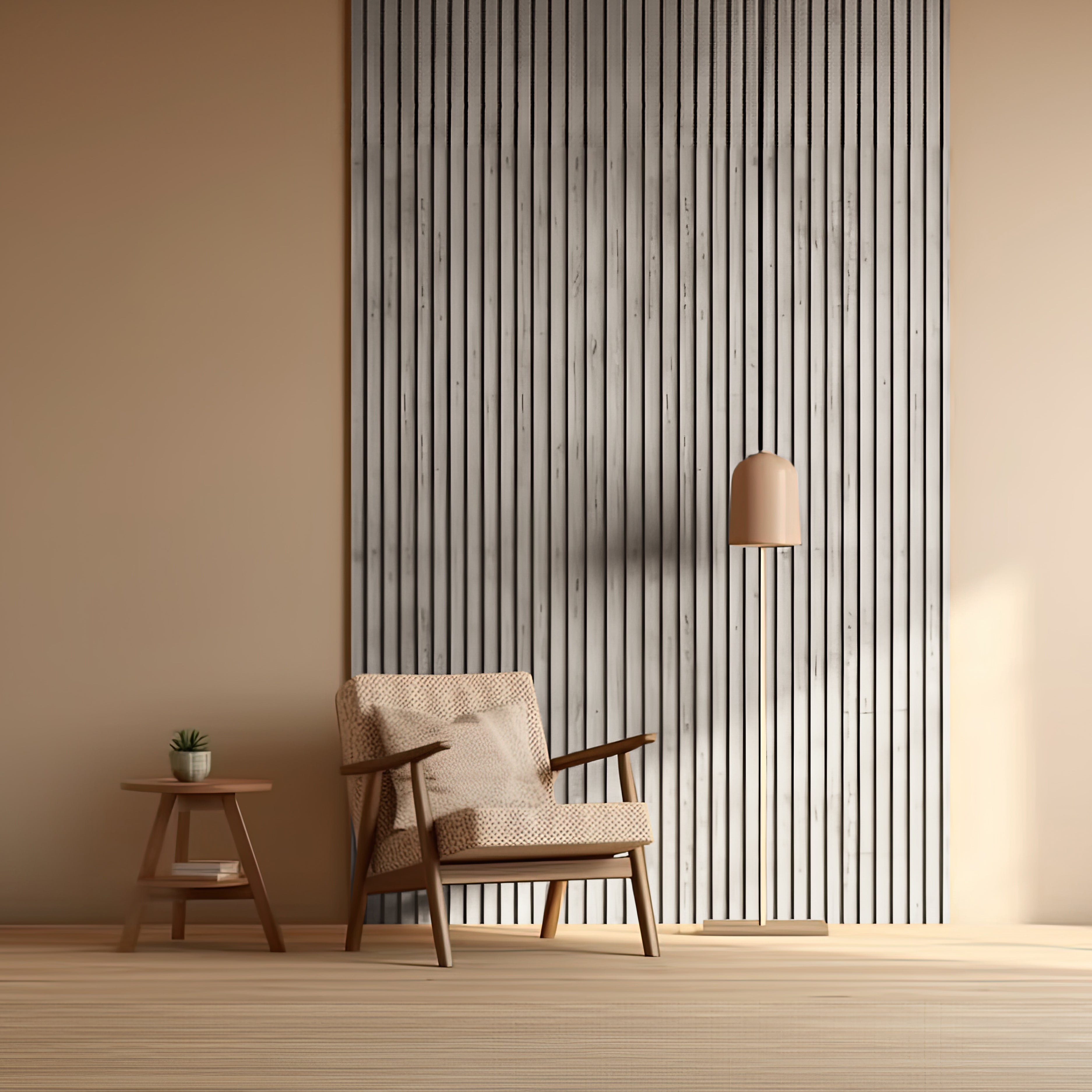 A minimalist room displays a wooden chair with a beige cushion, a small side table holding a potted plant, and a tall cylindrical floor lamp. Landmark Decors Light Driftwood Texture WPC Fluted Slat Wall Panel adds an elegant accent wall that contrasts beautifully with the plain beige walls.