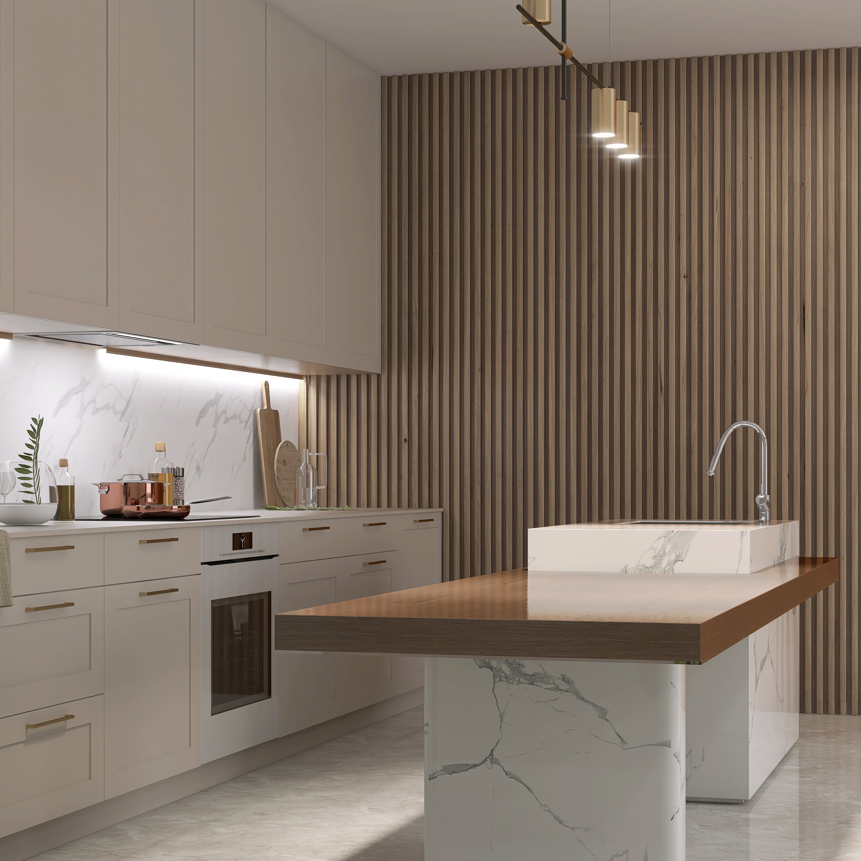 A modern kitchen features white cabinets, marble countertops, and a wooden island. The backsplash and island base have marble patterns. Landmark Decors Taupe WPC Fluted Slat Wall Panels add warmth, while pendant lights illuminate the space. Counters display various kitchenware items.