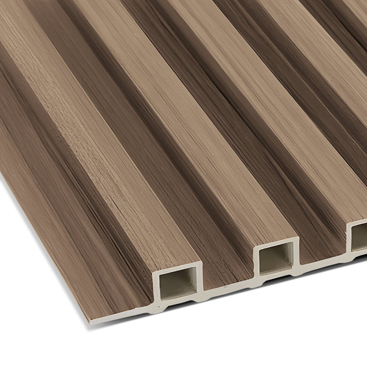 The Landmark Decor Taupe WPC Fluted Slat Wall Panel features a wood-textured, rectangular design with grooves, a light brown surface, and white core. Its perfect for modern accent walls, adding sophistication to any interior.