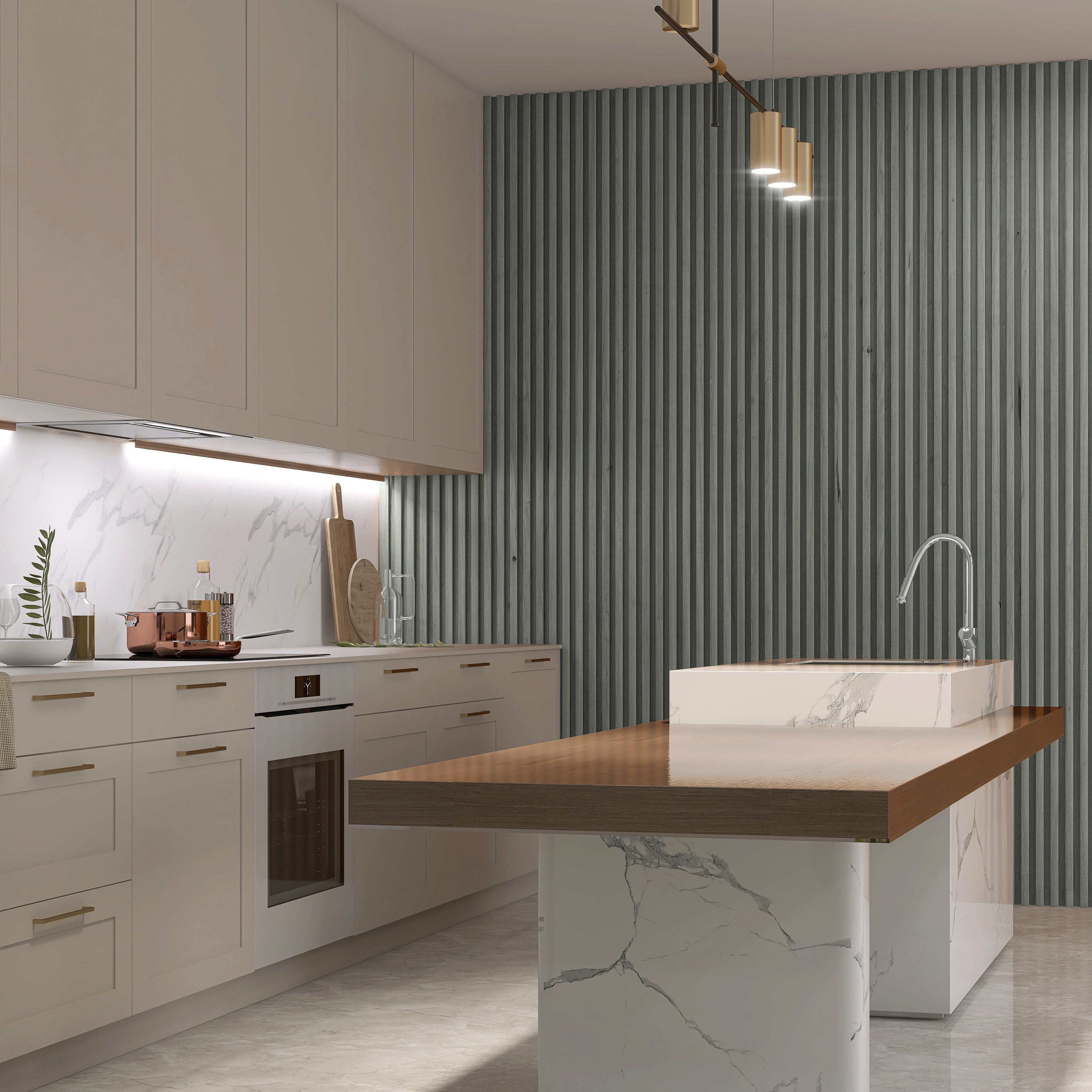 A modern kitchen with white cabinets, marble countertops, and a wood-accented island features a ribbed green accent wall for texture. Stylish ceiling panels complement this look while under-cabinet lighting brightens the workspace. A sleek, linear pendant light hangs above the island. The fluted slat wall panel is by Landmark Decor in light gray WPC design.