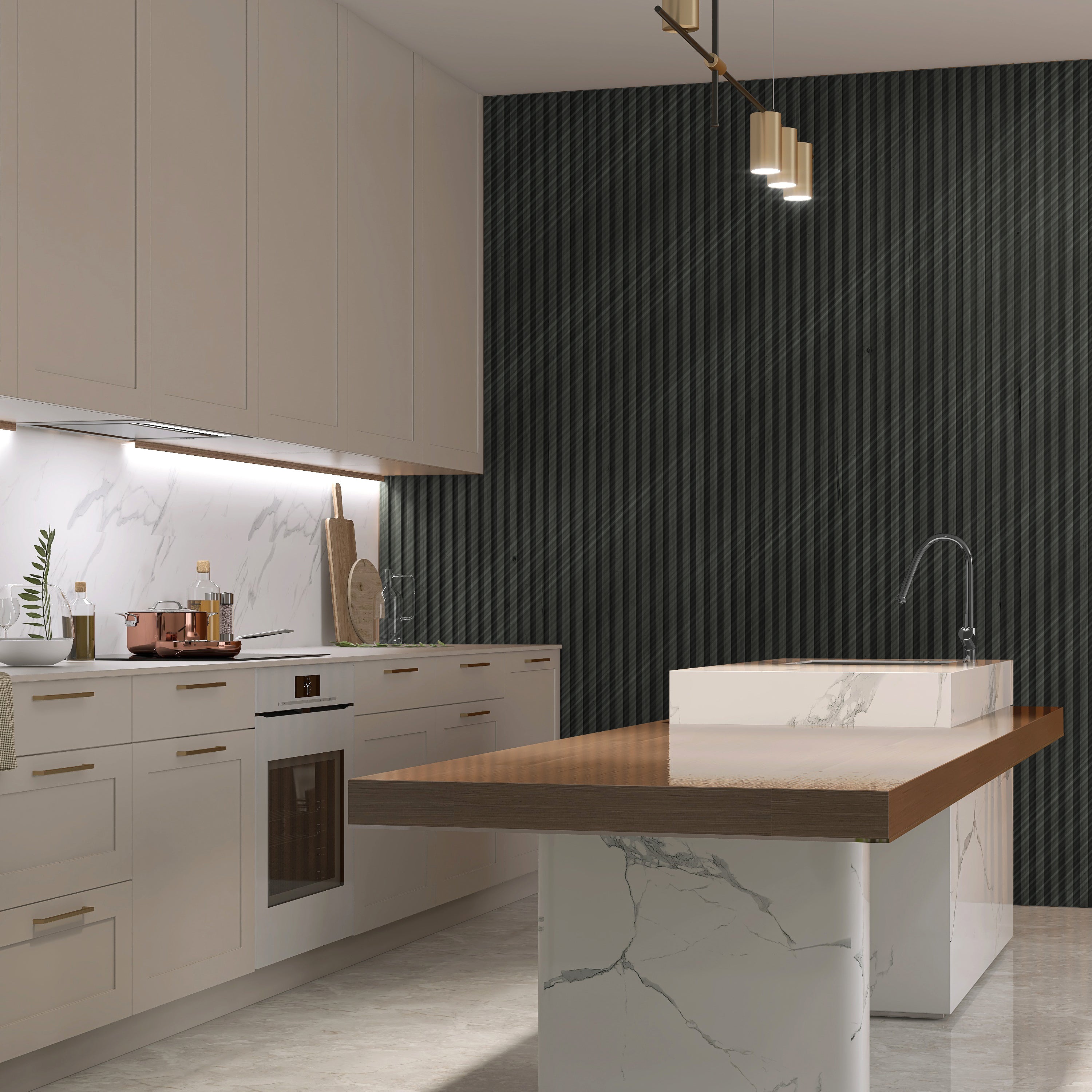 The modern kitchen boasts white cabinets with gold handles, marble countertops, and a large island featuring a wooden top and marble base. Dark Carbon Black WPC Fluted Slat Wall Panels by Landmark Decor adorn the backsplash and walls, complemented by stylish pendant lights above the island.
