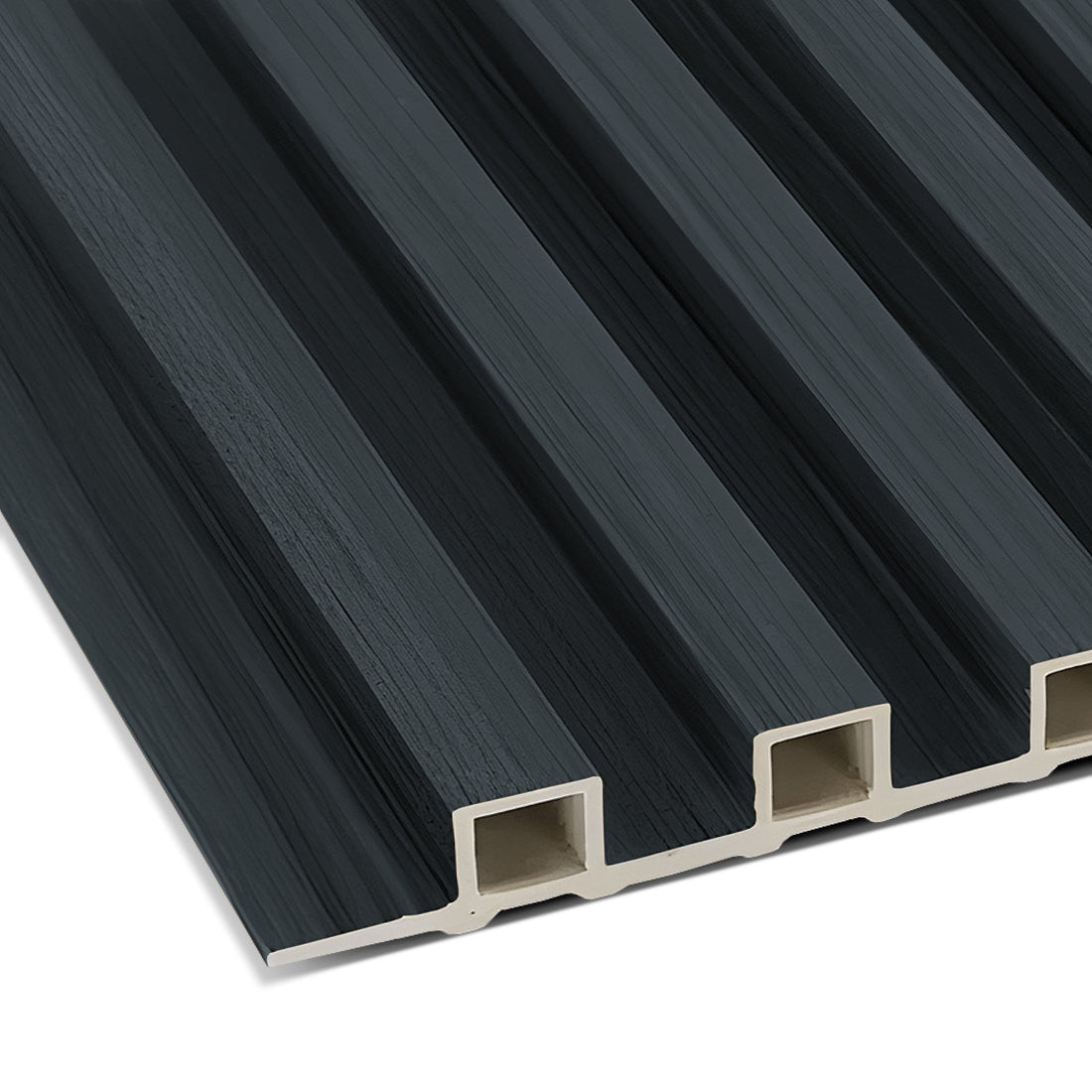 The Landmark Decor Space Gray WPC Fluted Slat Wall Panel is perfect for accent walls, featuring a dark green, ribbed design with a hollow structure and a glossy finish. Its beige interior contrasts beautifully, showcasing its composite material design.
